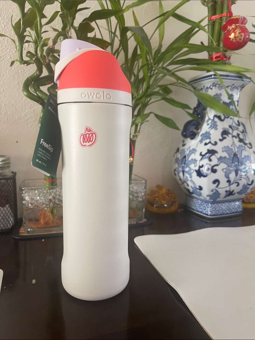 Starbucks White Water Bottle with Coral Pink and Lavender Cap